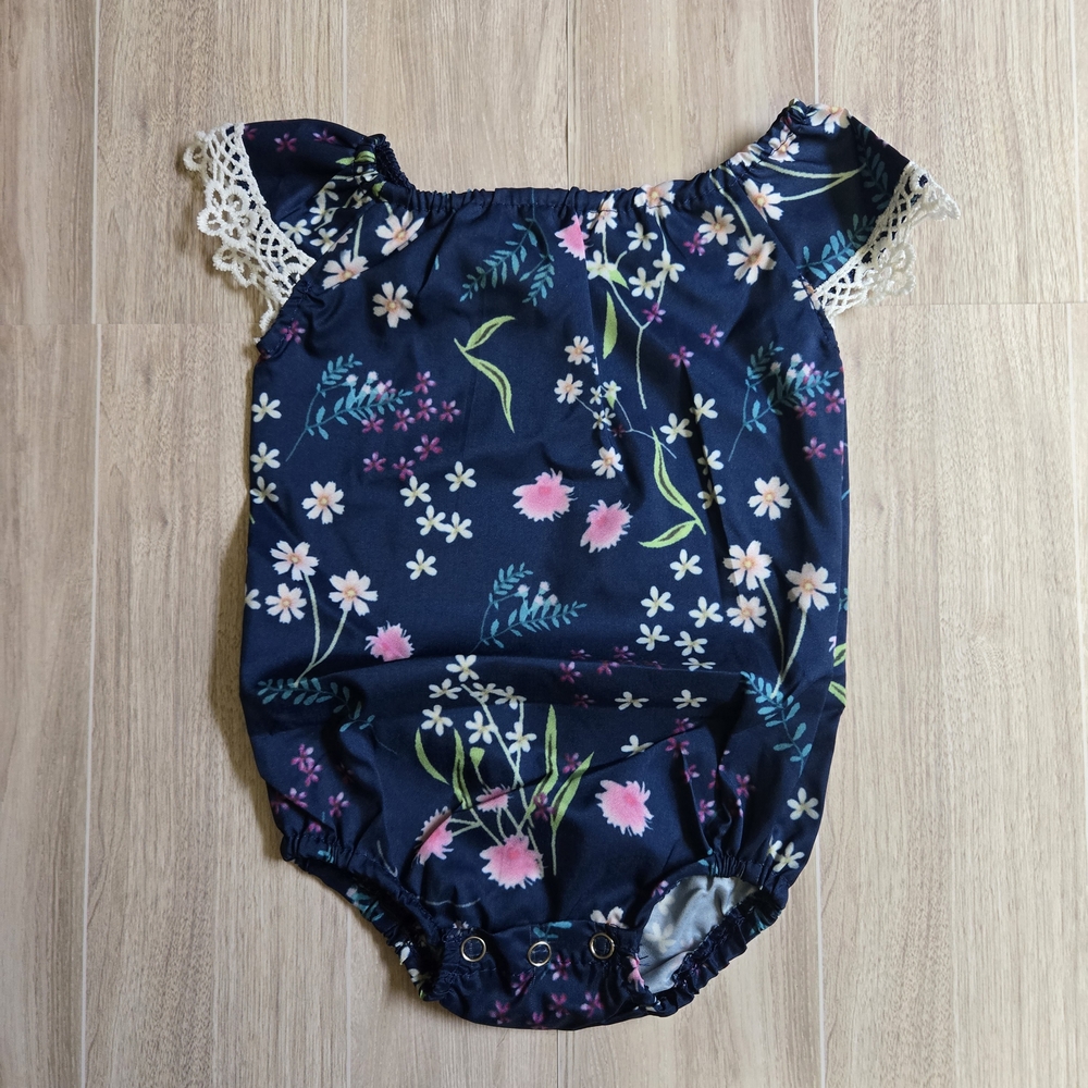 Floral Baby Girl Romper Bubble Summer Onesie Navy Blue Pink White Crochet Trim